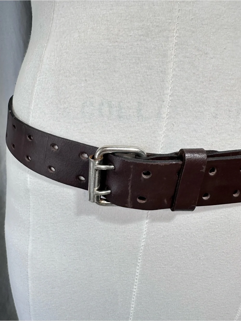 Wide Double-Prong Leather Waist Belt in Dark Brown